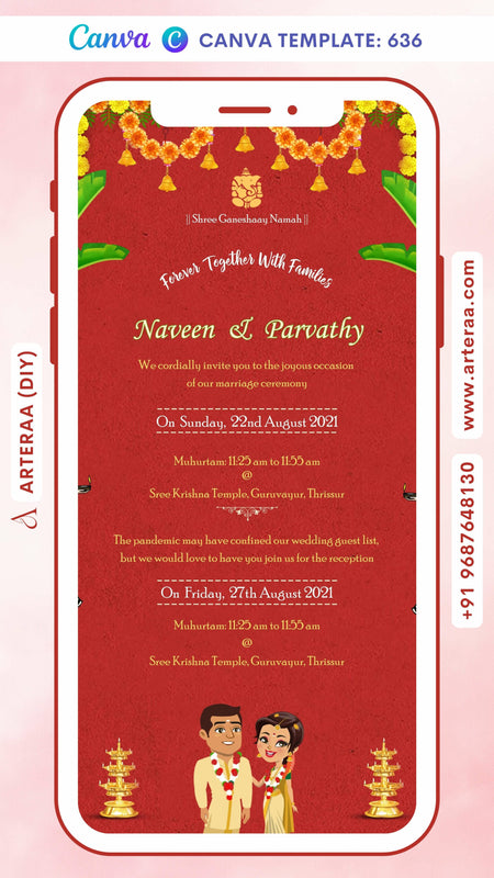 Wedding ceremony invitation card Canva Editable Template of hindu south indian malayali family in english language with Traditional theme design 636