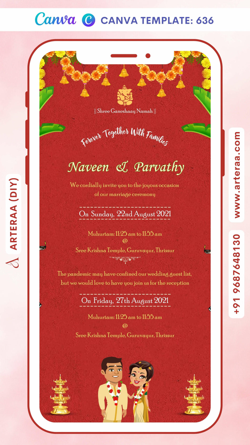 Wedding ceremony invitation card Canva Editable Template of hindu south indian malayali family in english language with Traditional theme design 636