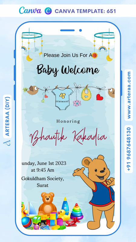 Baby welcome party invitation card Canva Editable Template in english language with playful theme design 651