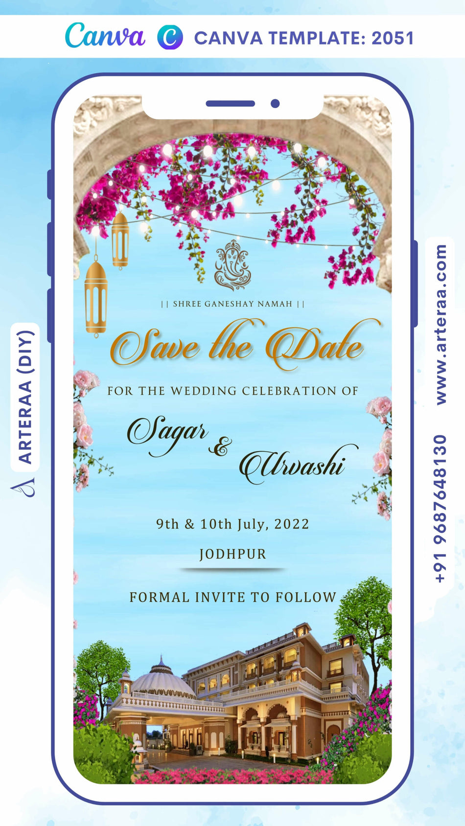 Wedding ceremony invitation card Canva Editable Template of hindu rajasthani royal family in english language with traditional arch theme Canva Editable Template design 2051