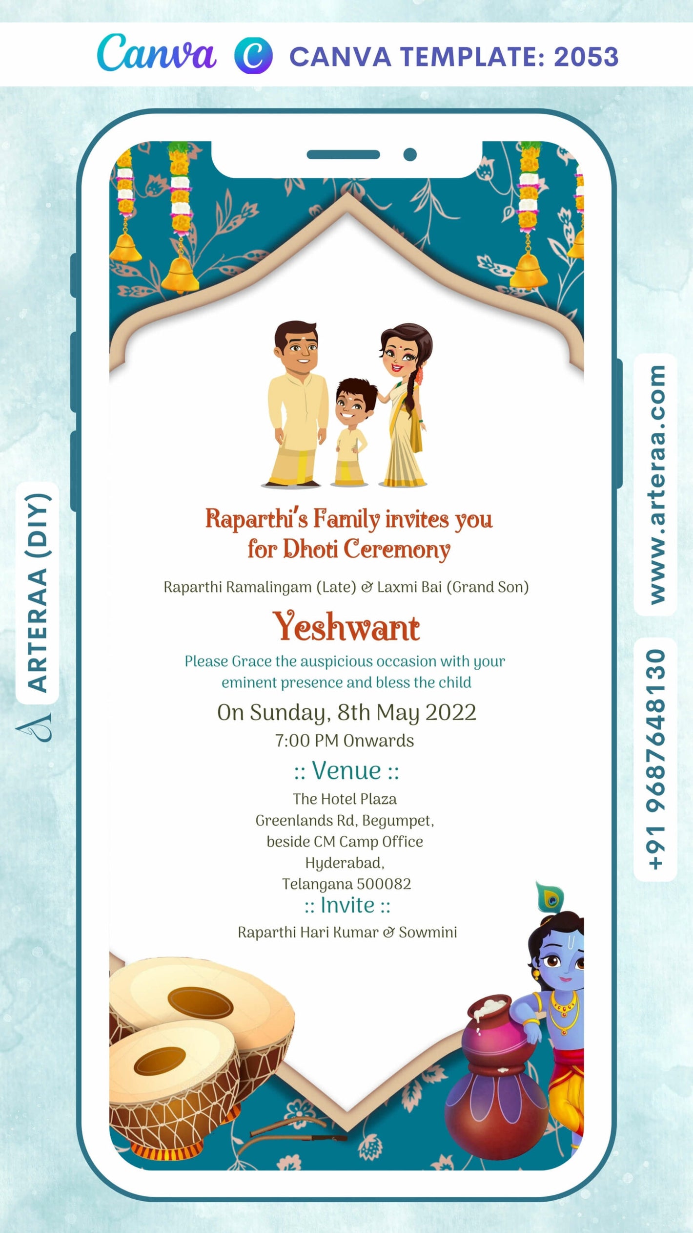 Digital Dhoti Ceremony Invitation Of South Indian Family In English Language With Arch Floral Theme Canva Editable Video Template Design No. 2053