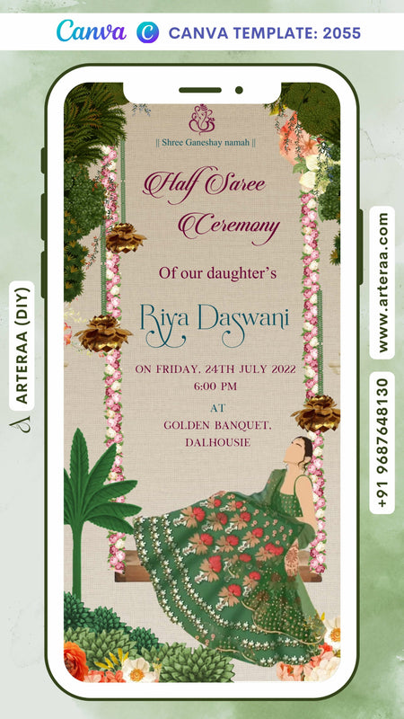 Half Saree ceremony invitation card Canva Editable Template in english language with garden theme design 2055