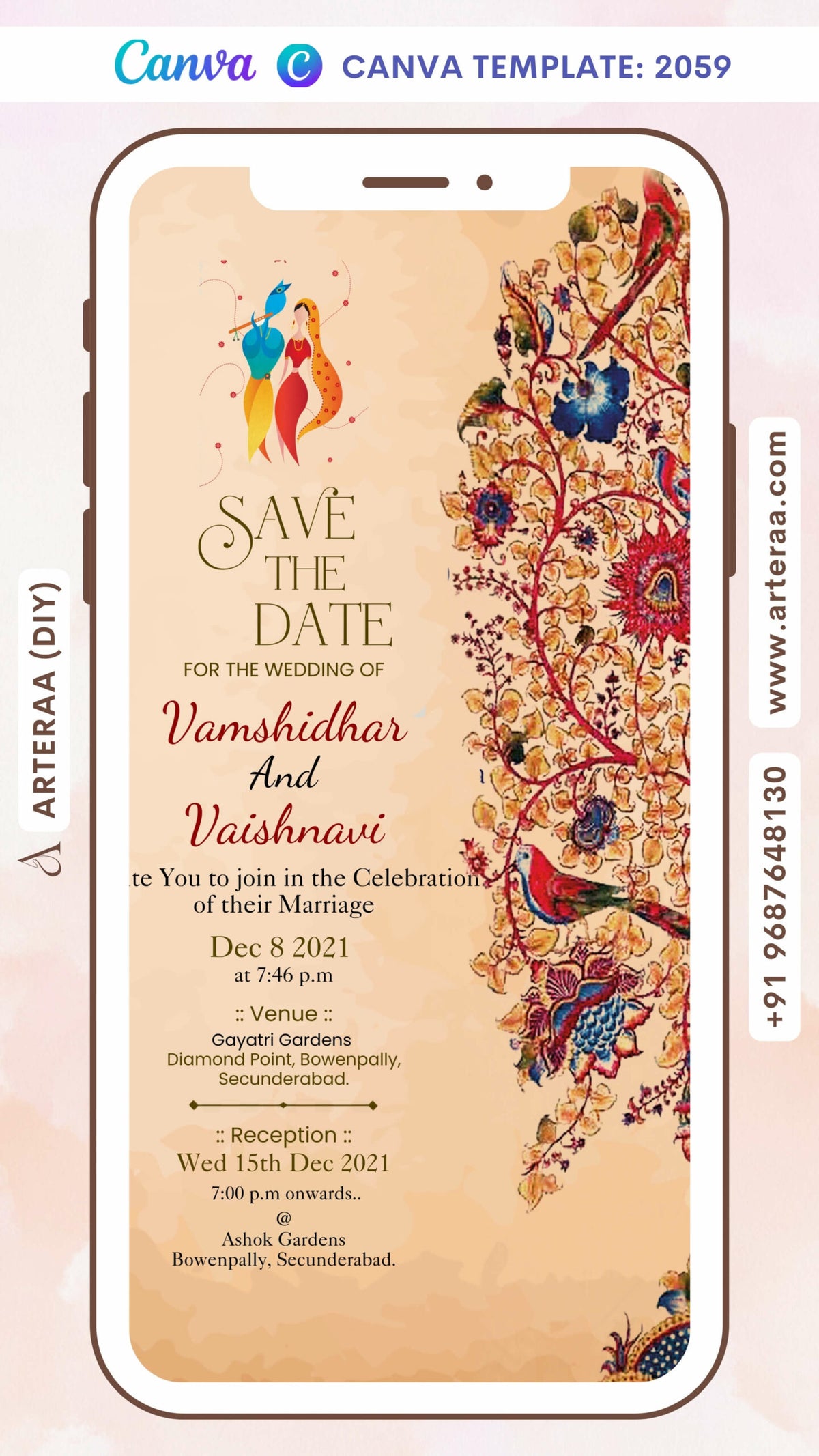 Wedding ceremony invitation card Canva Editable Template of hindu south indian telugu family in english language with traditional theme design 2059