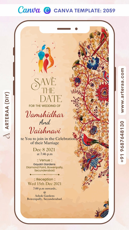 Wedding ceremony invitation card Canva Editable Template of hindu south indian telugu family in english language with traditional theme design 2059