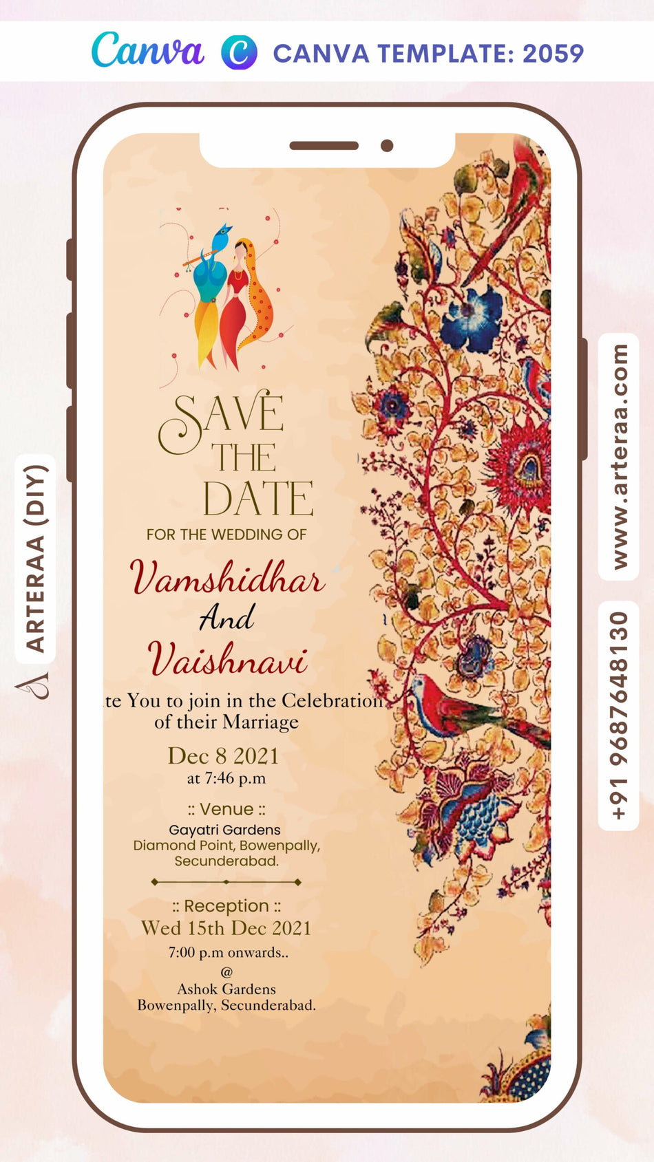 Wedding ceremony invitation card Canva Editable Template of hindu south indian telugu family in english language with traditional theme design 2059