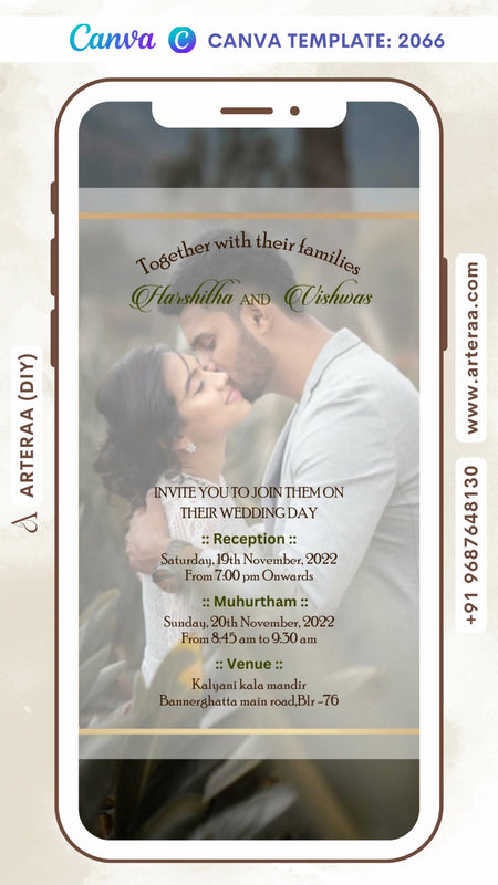 Wedding ceremony invitation card Canva Editable Template of hindu south indian kannada family in english language with couple photo theme design 2066