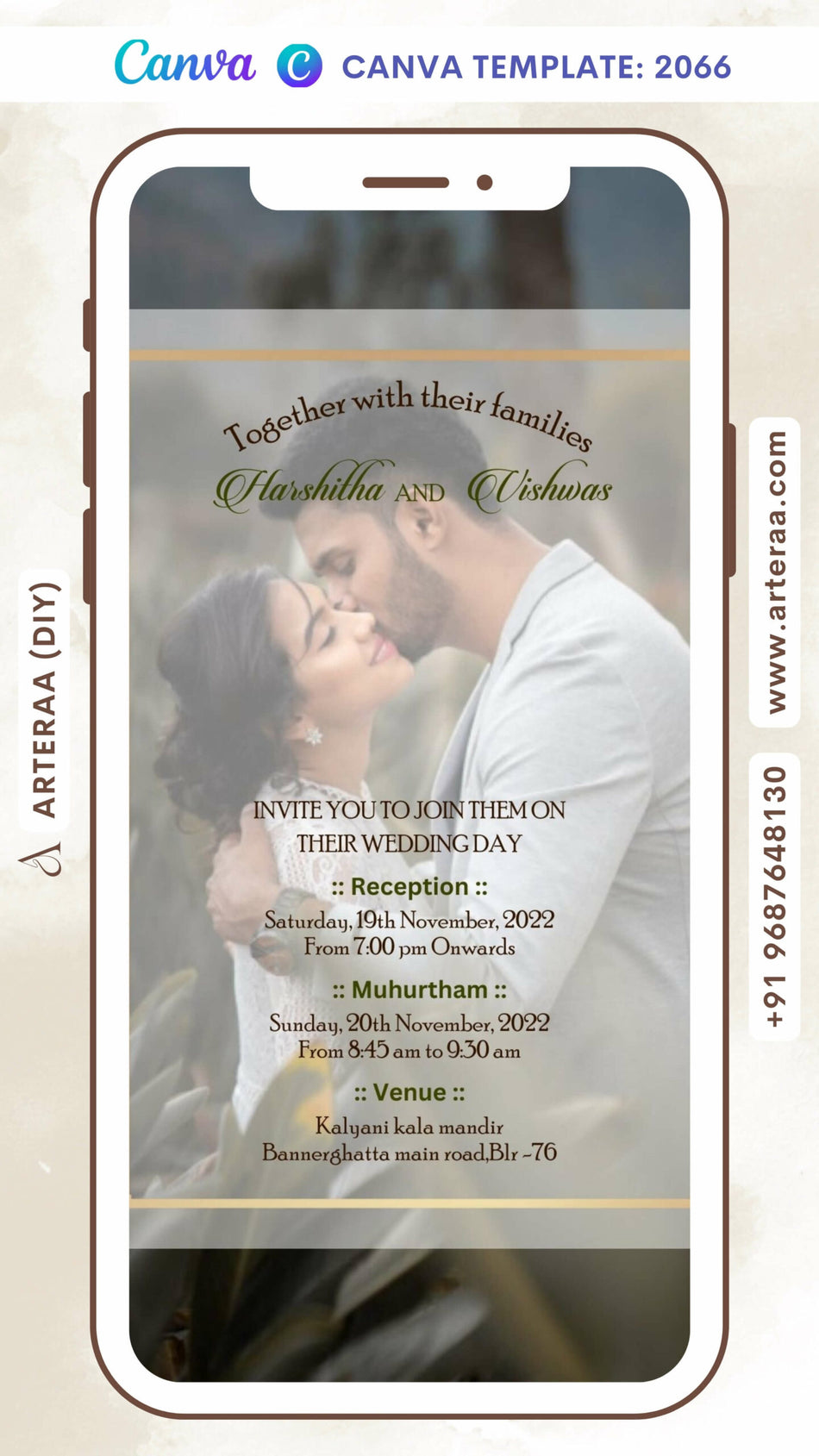 Wedding ceremony invitation card Canva Editable Template of hindu south indian kannada family in english language with couple photo theme design 2066