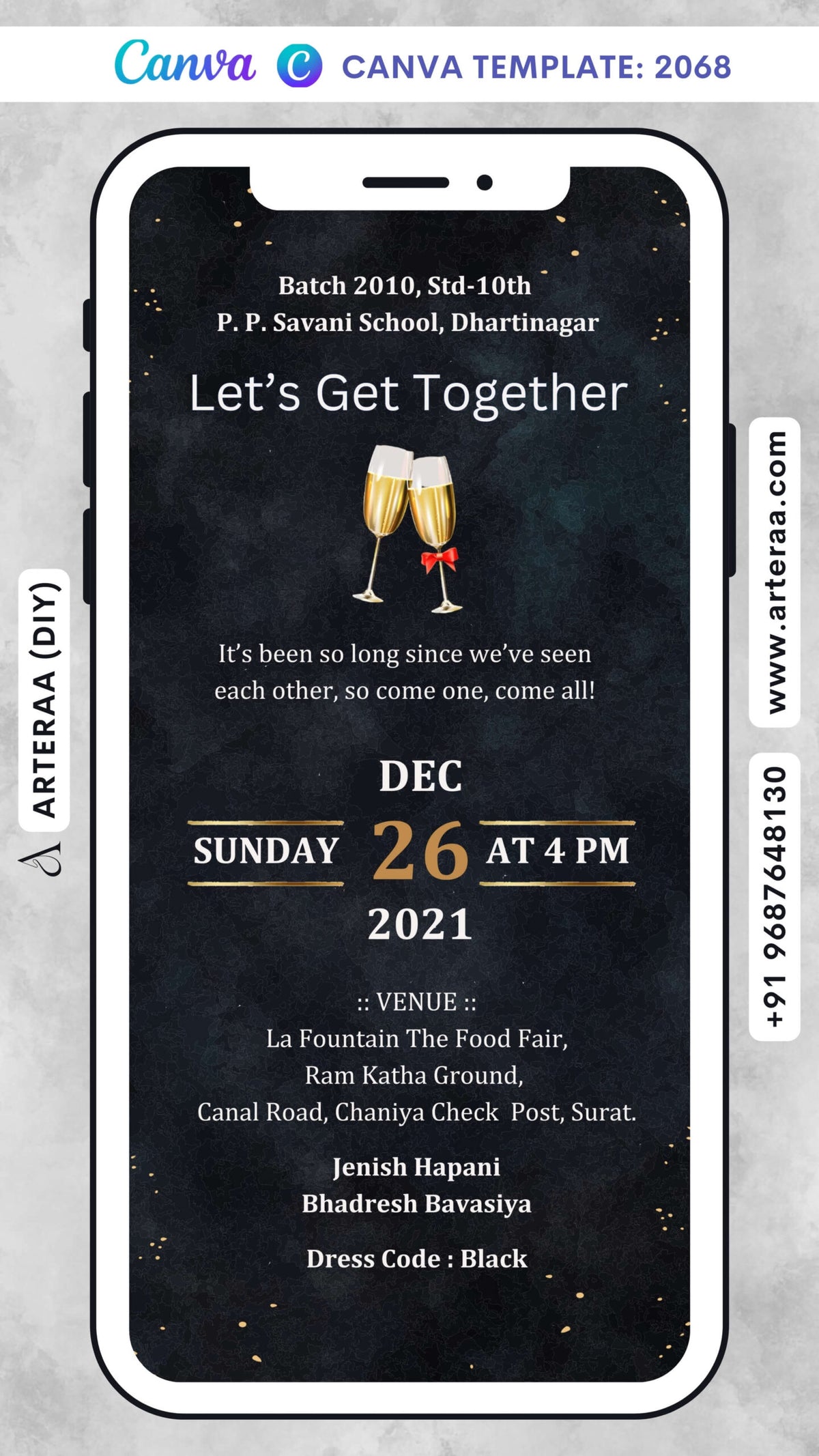 Get Together Party invitation card Canva Editable Template in english language with glittery theme design 2068