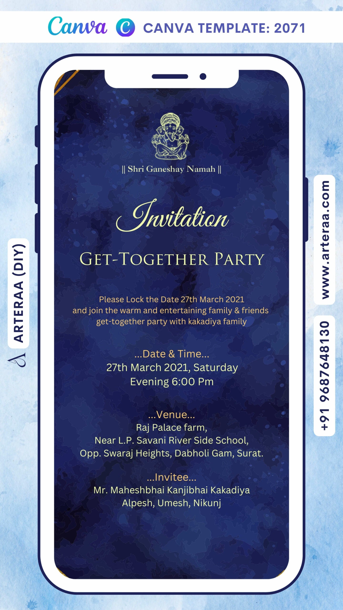 Get Together Party invitation card Canva Editable Template in english language with golden lines as minimalistic theme design 2071