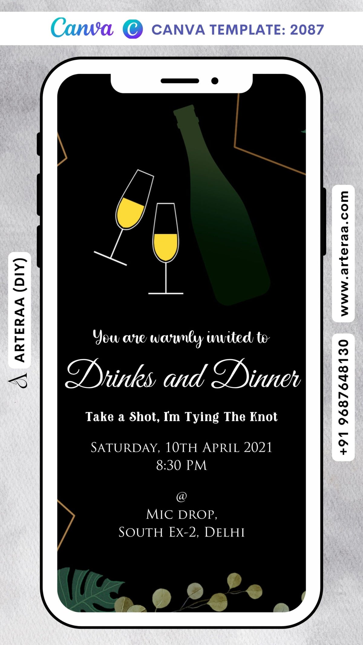 Bachelor Party invitation card Canva Editable Template in english language with bottle, cocktail glass as artistic leaves theme design 2087