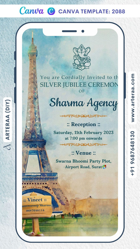 25th Wedding Anniversary invitation card Canva Editable Template in English language with effiel tower as garden theme design 2088