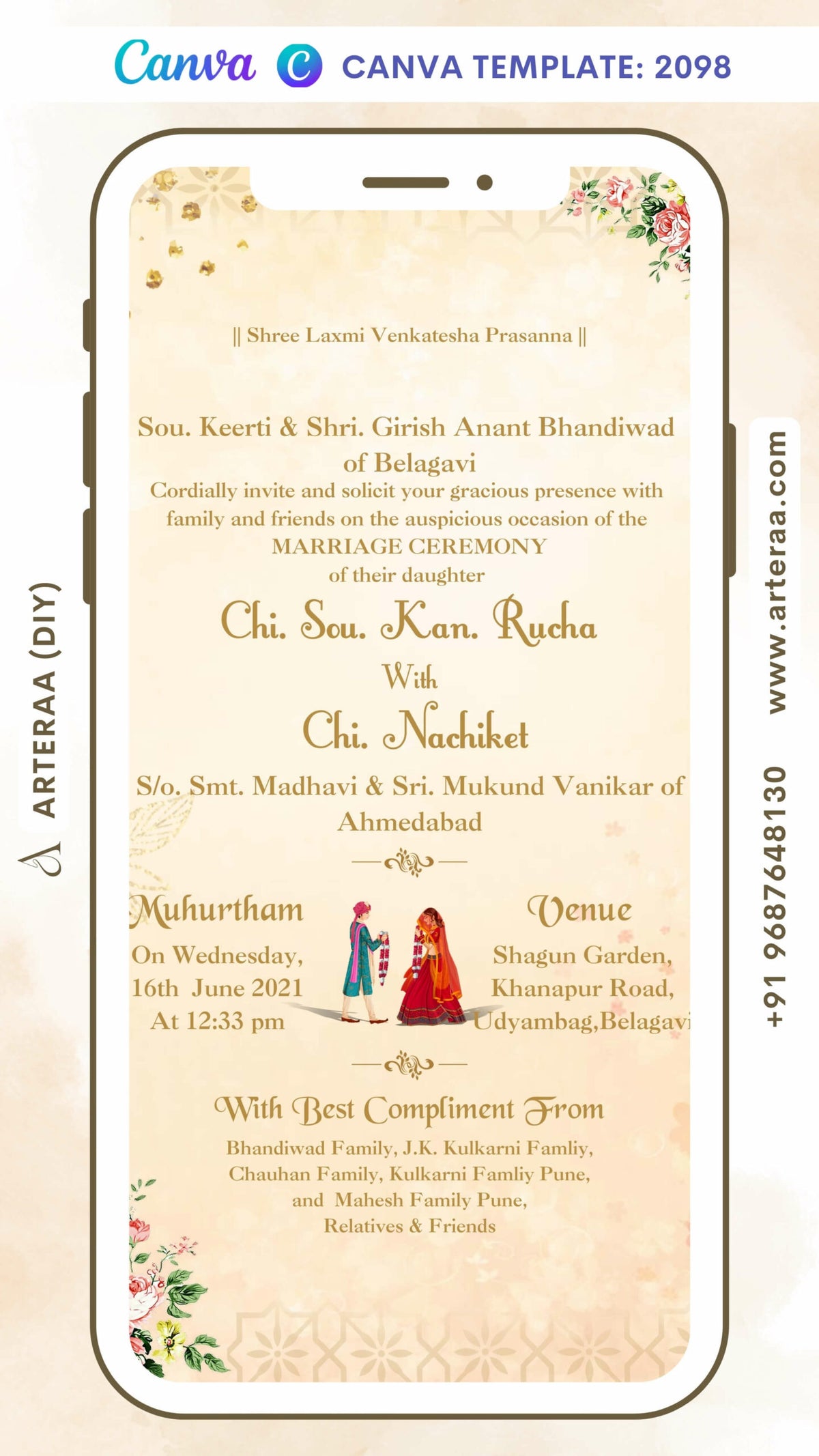 Wedding ceremony invitation card Canva Editable Template of hindu south indian kannada family in english language with minimalistic theme design 2098