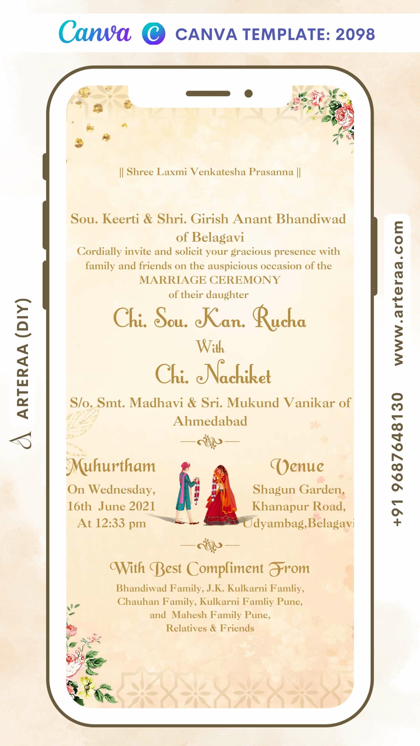 Wedding ceremony invitation card Canva Editable Template of hindu south indian kannada family in english language with minimalistic theme design 2098