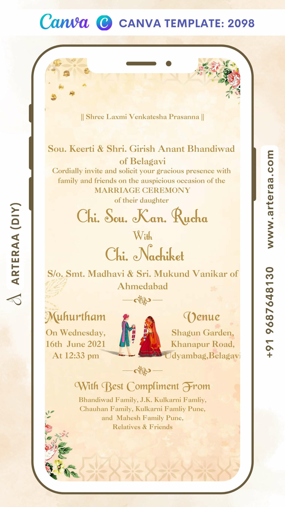 Wedding ceremony invitation card Canva Editable Template of hindu south indian kannada family in english language with minimalistic theme design 2098