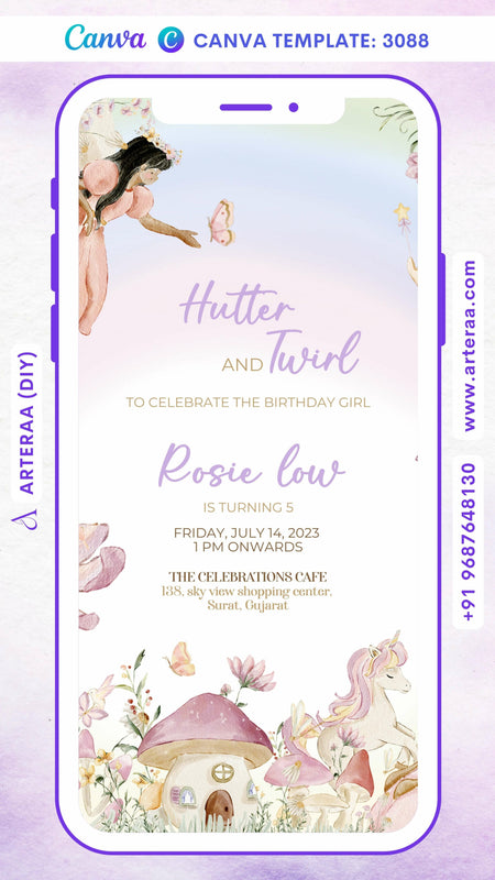 Birthday party invitation card by canva for girl in English language with fairy theme Canva Editable Template design 3088