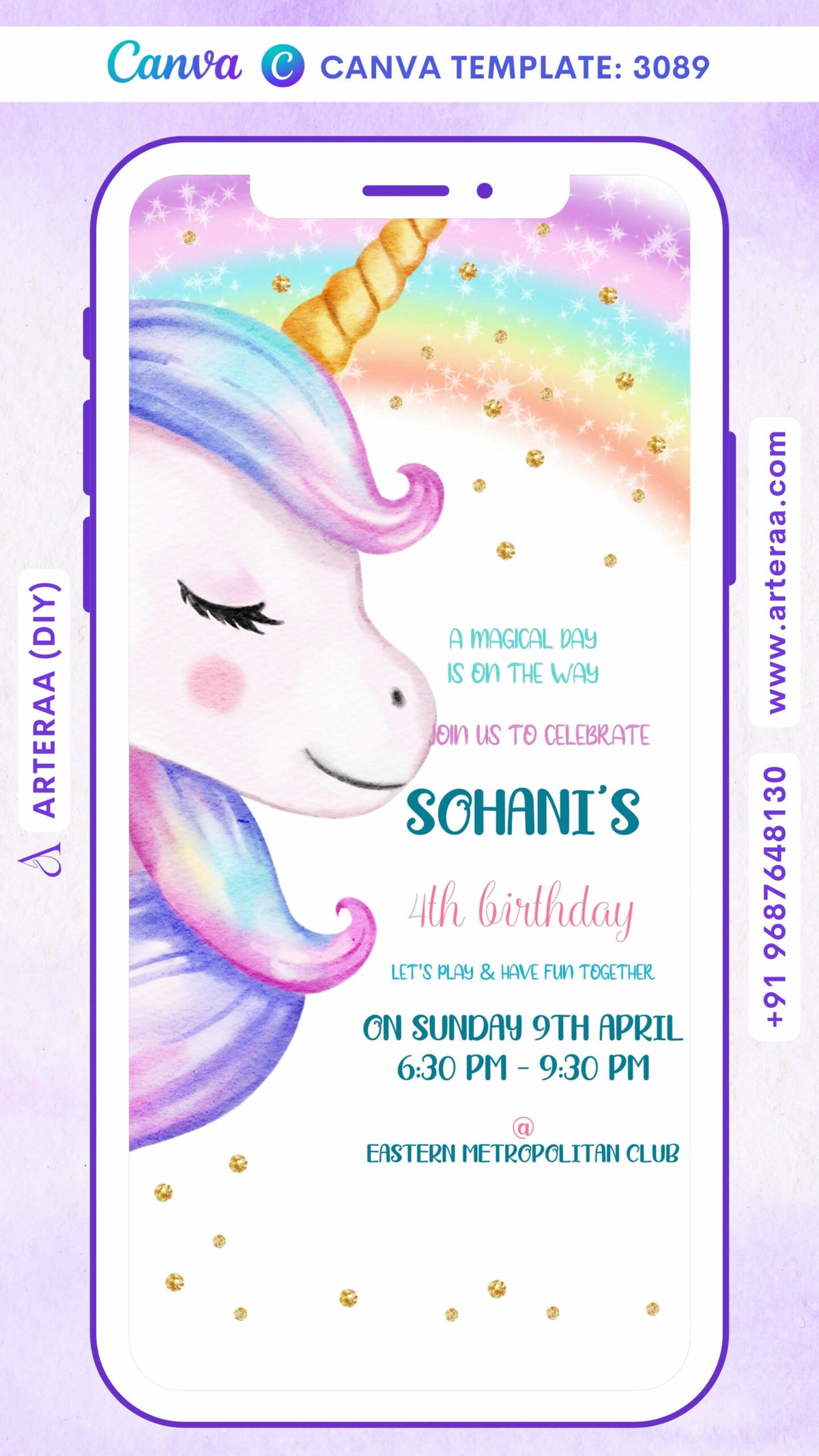 Birthday party invitation card by canva for girl in English language with unicorn as rainbow theme Canva Editable Template design 3089