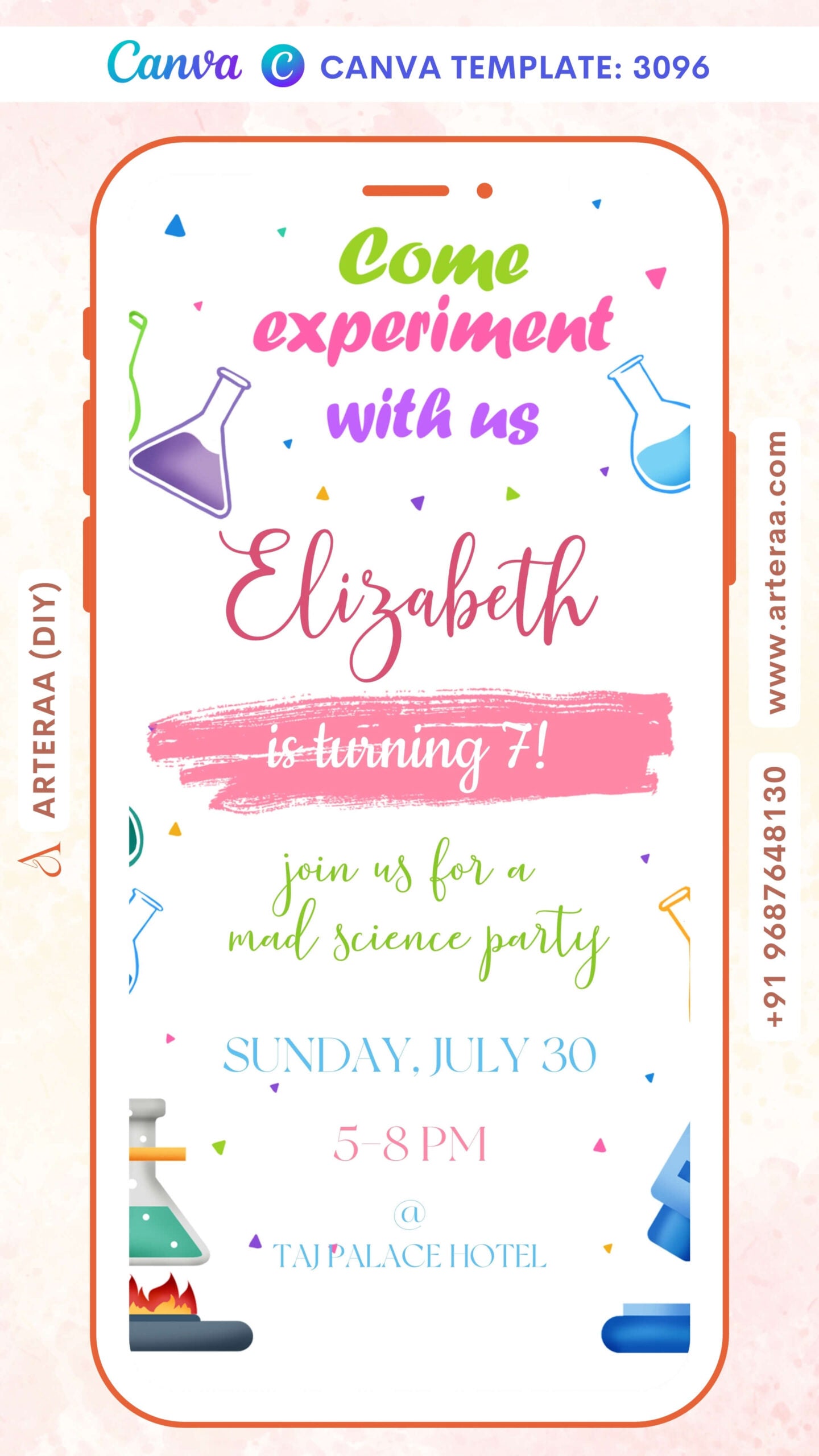 Birthday party invitation card by canva in English language with scientific theme Canva Editable Template design 3096