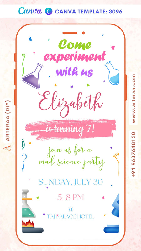 Birthday party invitation card by canva in English language with scientific theme Canva Editable Template design 3096