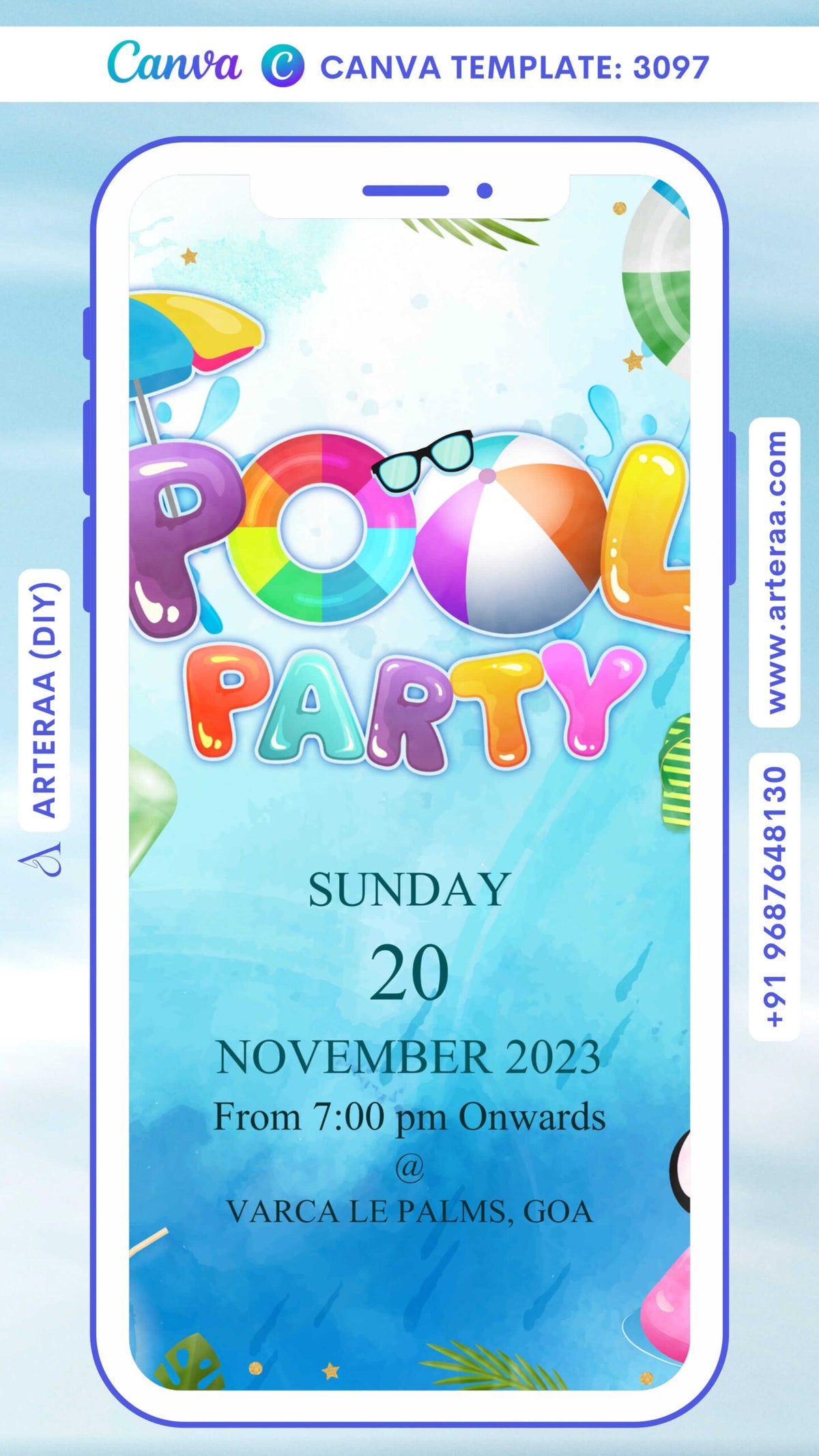 Pool Party invitation card by canva in english language with flamingo, boho leaves as elegant theme Canva Editable Template design 3097