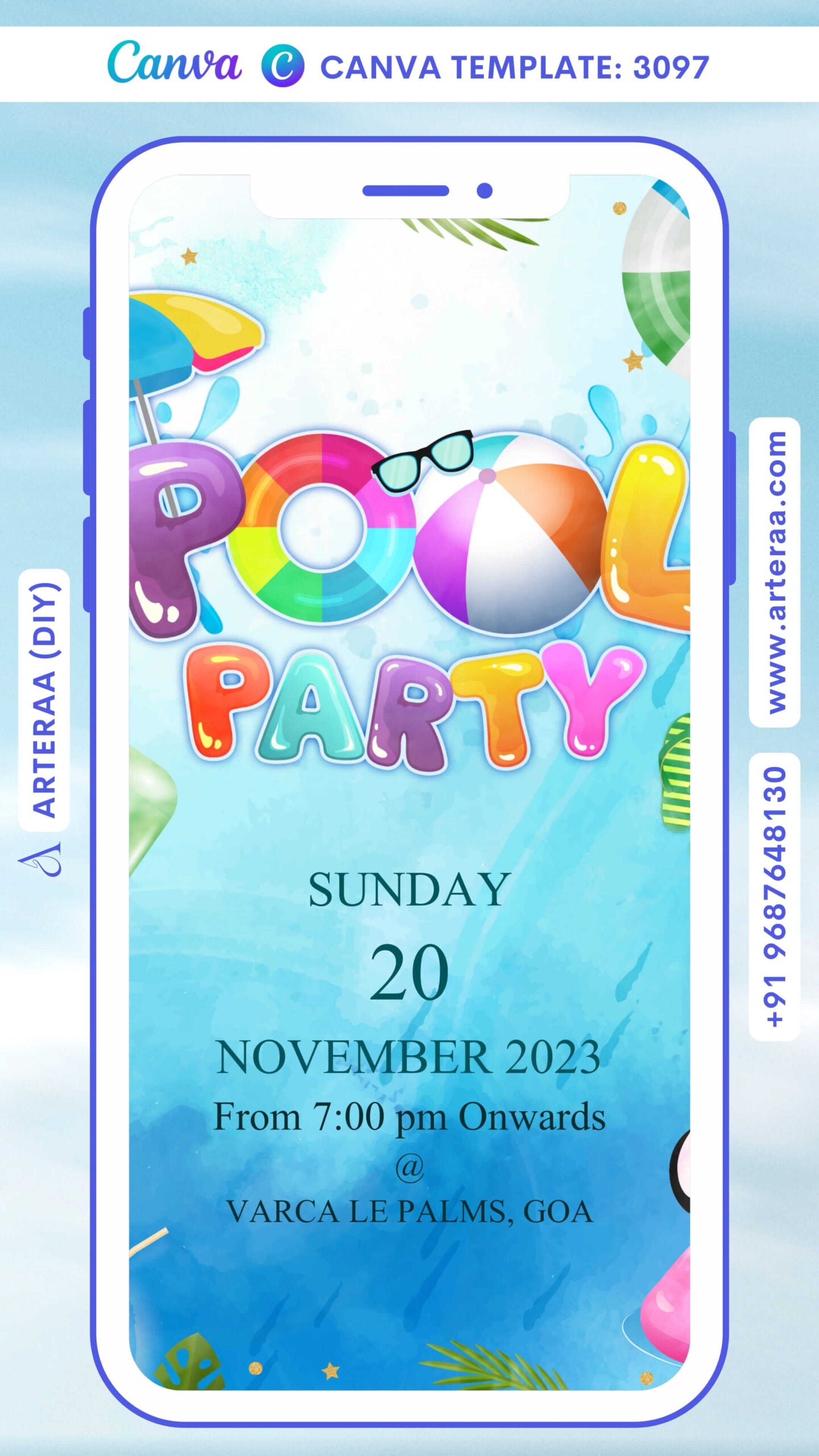 Pool Party invitation card by canva in english language with flamingo, boho leaves as elegant theme Canva Editable Template design 3097