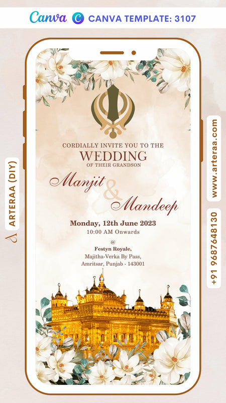 Wedding ceremony invitation card by canva of hindu punjabi sikh family in English language with floral and temple theme Canva Editable Template design 3107