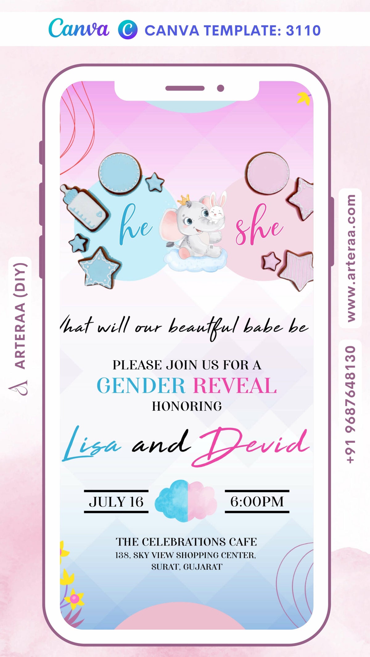 Gender Reveal Party invitation card Canva Editable Template in english language with elephant, cloud as minimalistic theme design 3110