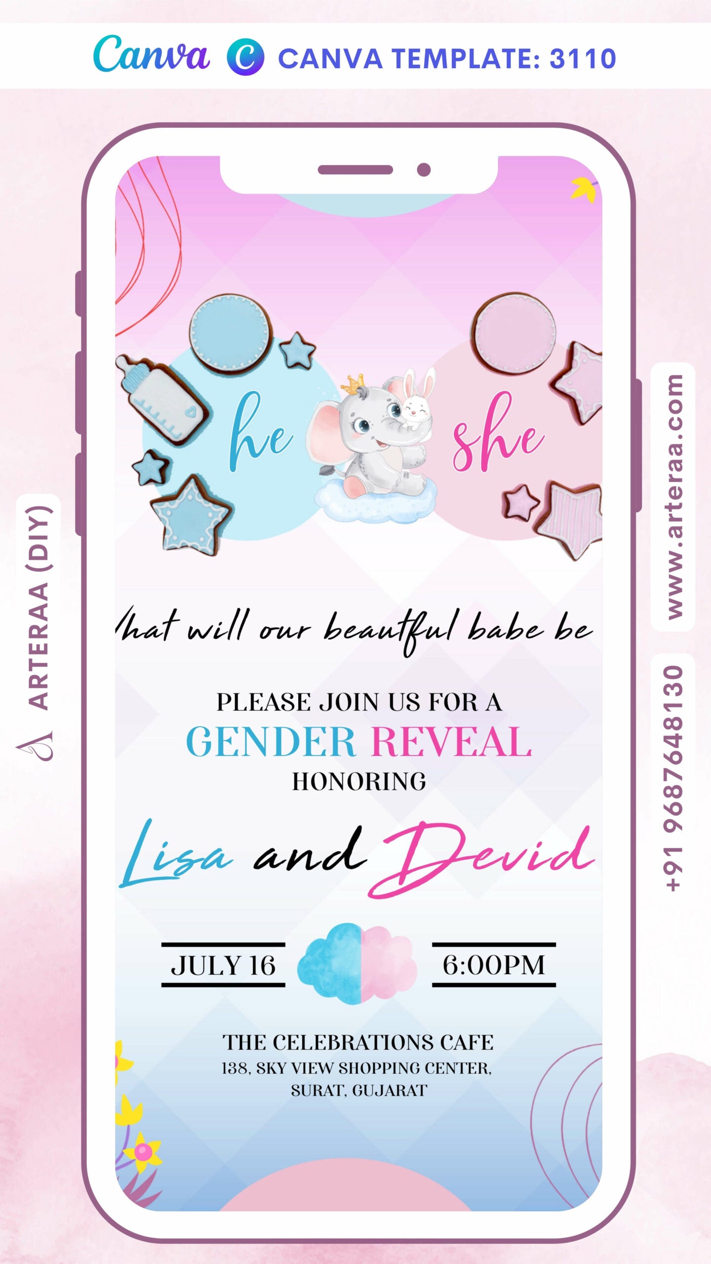 Gender Reveal Party invitation card Canva Editable Template in english language with elephant, cloud as minimalistic theme design 3110