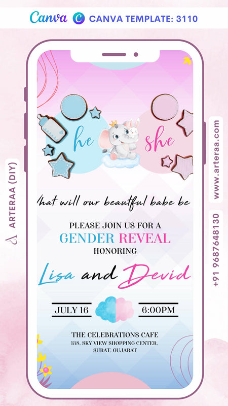 Gender Reveal Party invitation card Canva Editable Template in english language with elephant, cloud as minimalistic theme design 3110