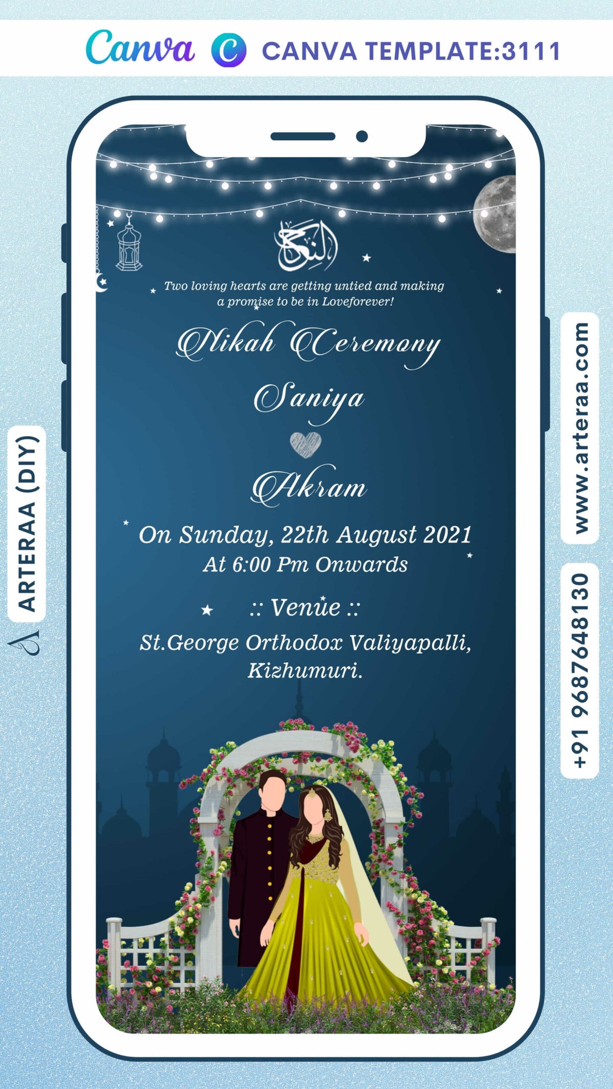 Digital Nikah Ceremony Invitation Of Muslim Family In English Language With String light and floral Theme Canva Editable Template design no - 3111