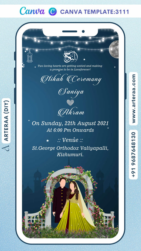 Digital Nikah Ceremony Invitation Of Muslim Family In English Language With String light and floral Theme Canva Editable Template design no - 3111