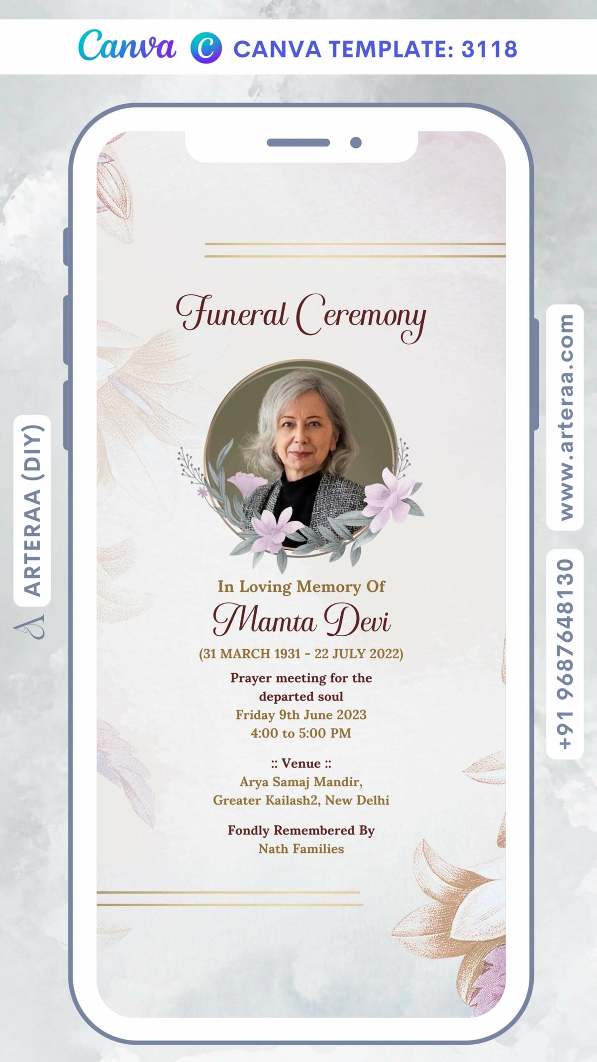 Digital Funeral Ceremony Invitation Of Indian family In English Language With Floral Theme Canva Editable Template design no - 3118