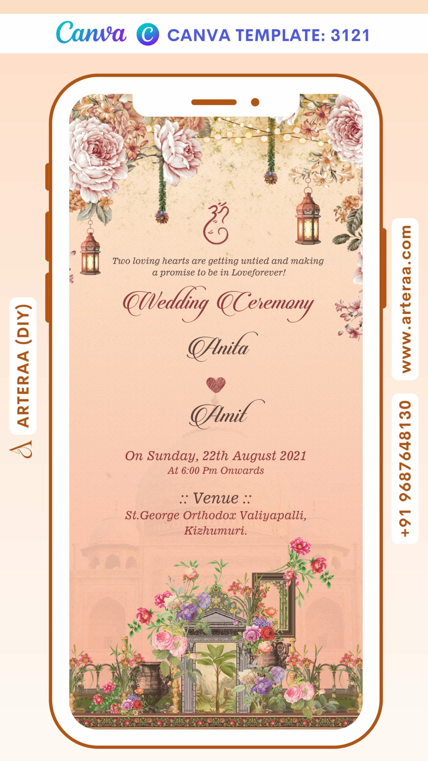 Wedding ceremony invitation card by canva of hindu south indian malayali family in english language with vintage theme Canva Editable Template design 3121