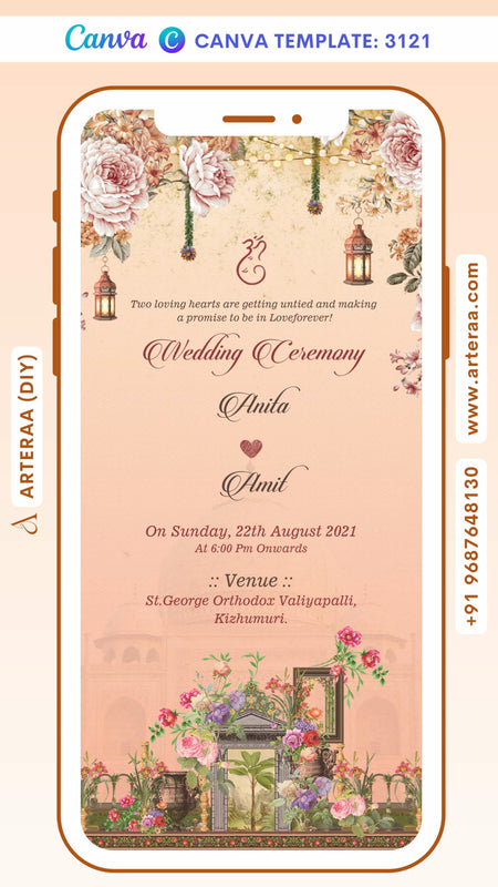 Wedding ceremony invitation card by canva of hindu south indian malayali family in english language with vintage theme Canva Editable Template design 3121