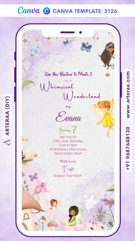 Birthday party invitation card by canva for girl in English language with fairy tale theme Canva Editable Template design 3126