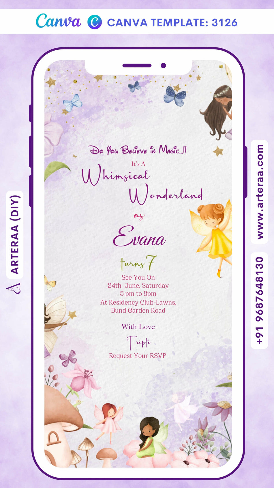 Birthday party invitation card by canva for girl in English language with fairy tale theme Canva Editable Template design 3126