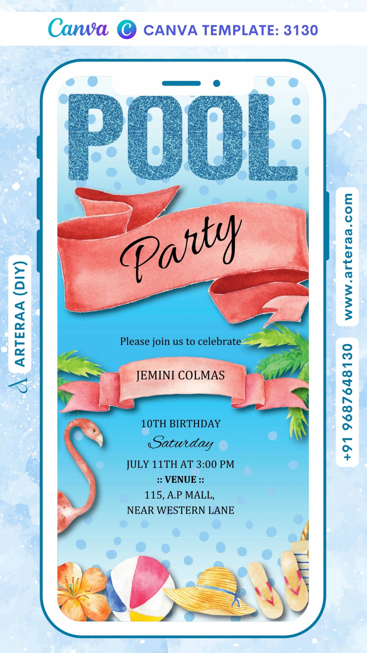 Digital Pool Party Invitation Of Indian Family In English Language With Classic Theme Canva Editable Template design no - 3130