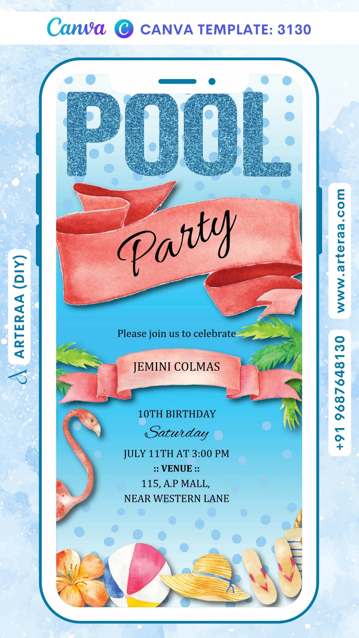 Digital Pool Party Invitation Of Indian Family In English Language With Classic Theme Canva Editable Template design no - 3130