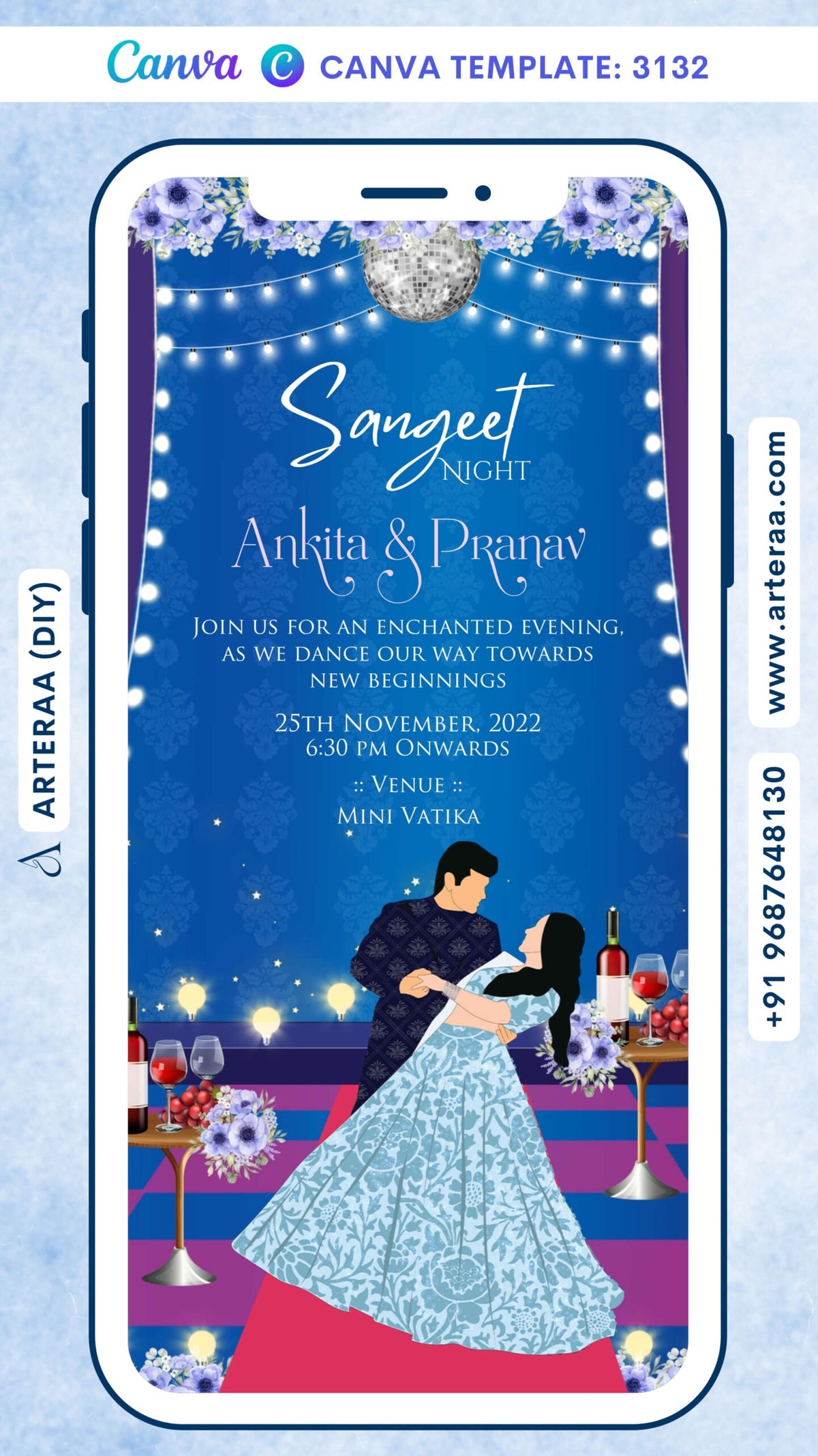 Sangeet Sandhya Ceremony invitation Canva Editable video Template in english language with couple doodle, flowers as night view theme design 3132