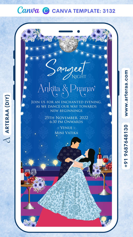 Sangeet Sandhya Ceremony invitation Canva Editable video Template in english language with couple doodle, flowers as night view theme design 3132