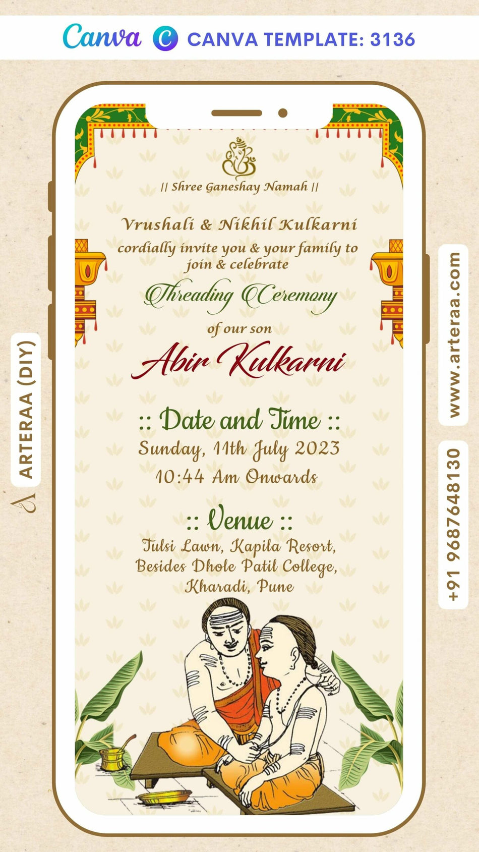 Digital Threading Ceremony Invitation Of Indian Family In English Language With Traditional Arch Theme Canva Editable Template design no - 3136