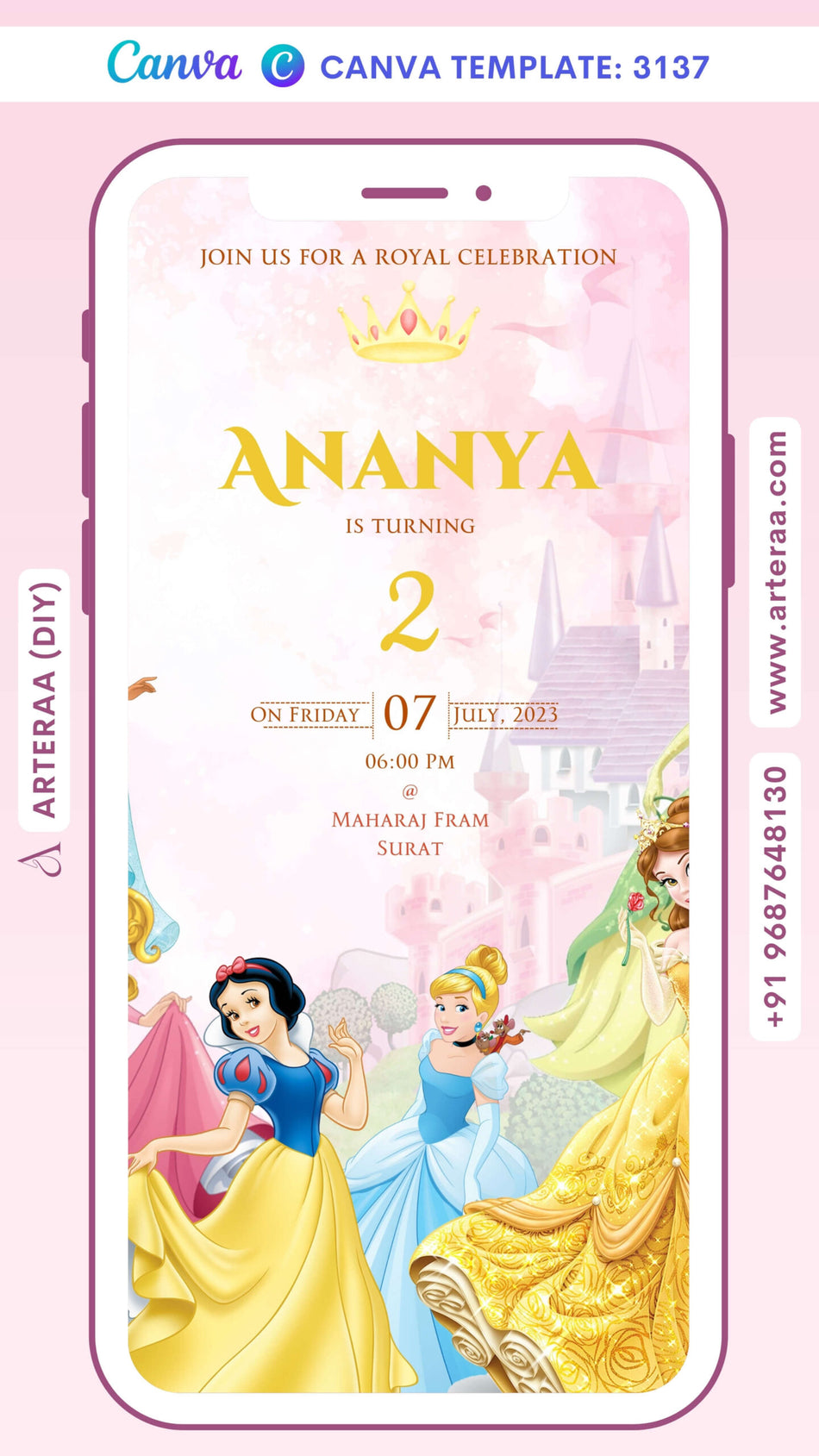 Birthday party invitation card by canva for girl in English language with Barbie theme Canva Editable Template design 3137