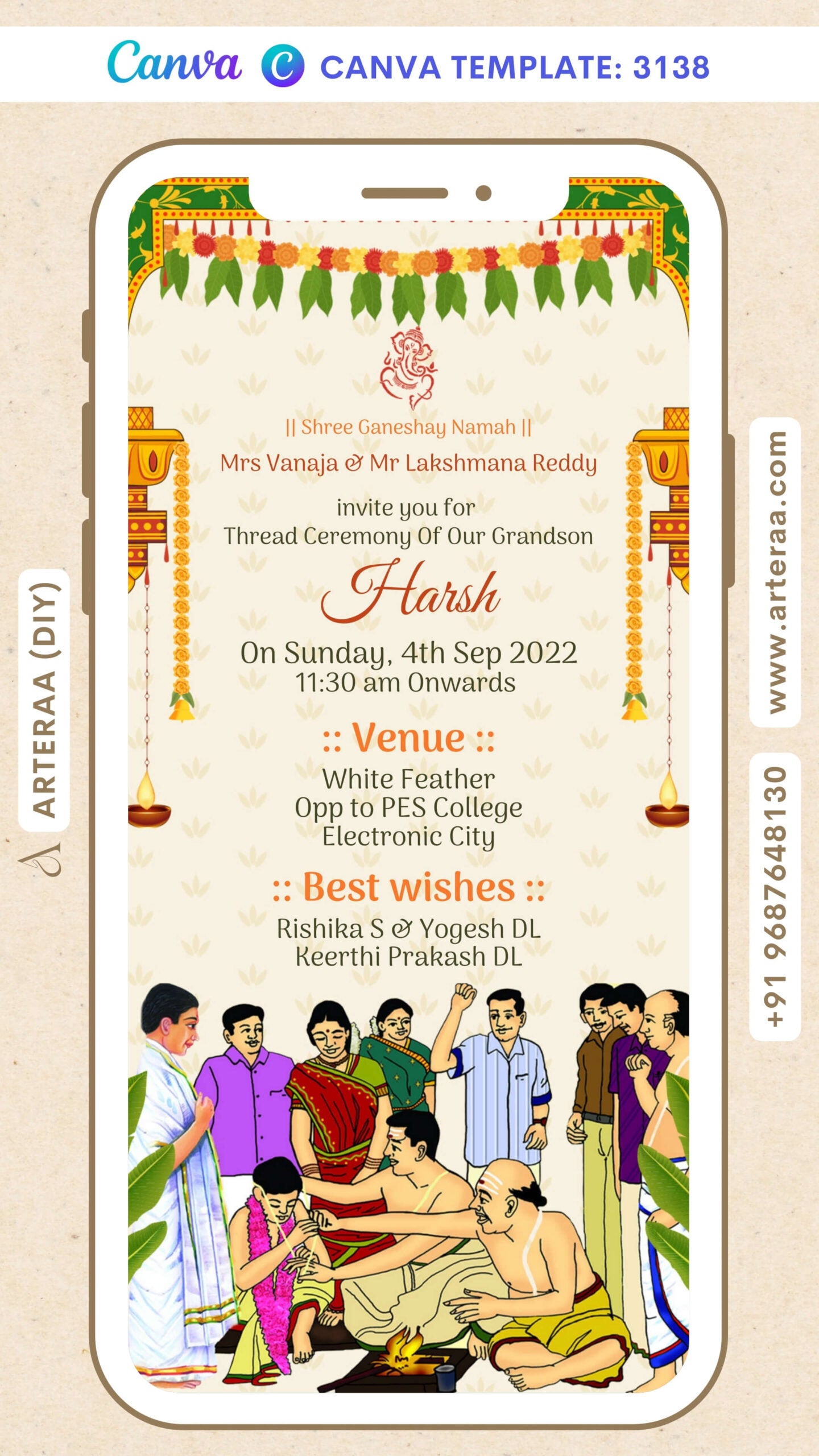 Thread ceremony invitation card by canva in english language with doodle, leaves as traditional theme Canva Editable Template design 3138