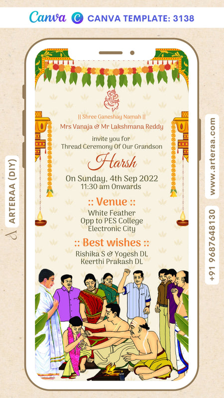 Thread ceremony invitation card by canva in english language with doodle, leaves as traditional theme Canva Editable Template design 3138