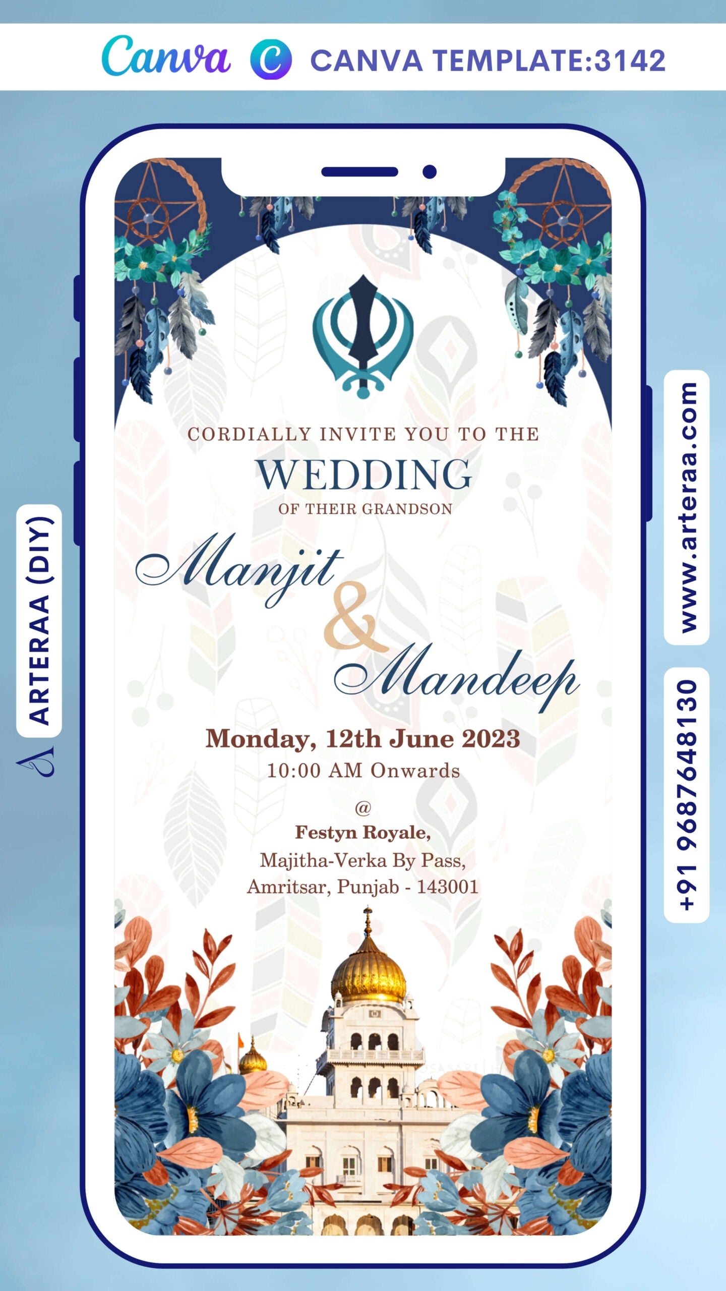 Wedding ceremony invitation Canva Editable video Template of hindu punjabi sikh family in English language with temple theme design 3142