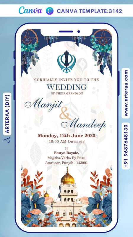 Wedding ceremony invitation Canva Editable video Template of hindu punjabi sikh family in English language with temple theme design 3142