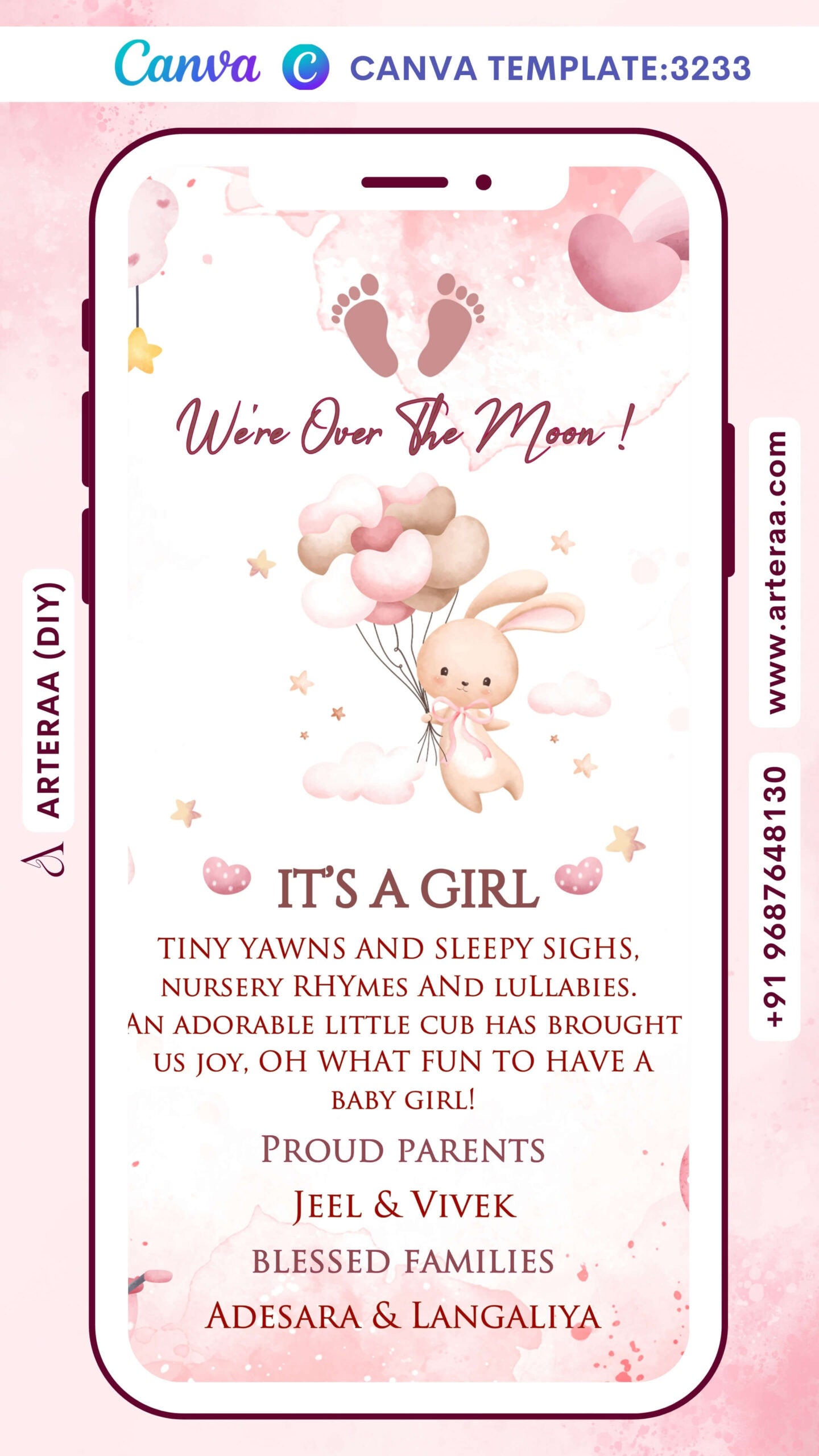 Baby Announcement invitation card by canva in english language with cloud, rainbow, balloons as playful theme Canva Editable Template design 3233