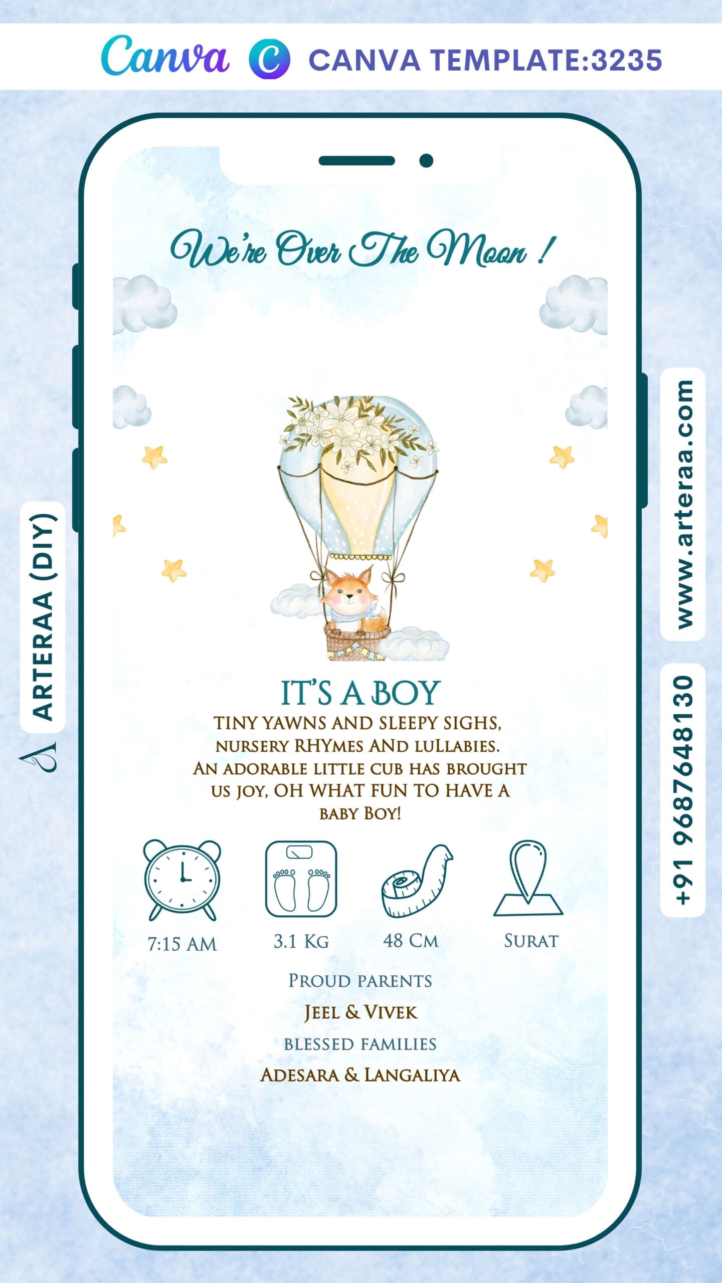 Baby Announcement invitation card by canva in english language with hot air balloon, cloud as minimalistic theme Canva Editable Template design 3235