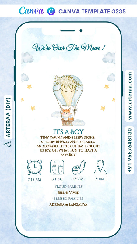 Baby Announcement invitation card by canva in english language with hot air balloon, cloud as minimalistic theme Canva Editable Template design 3235