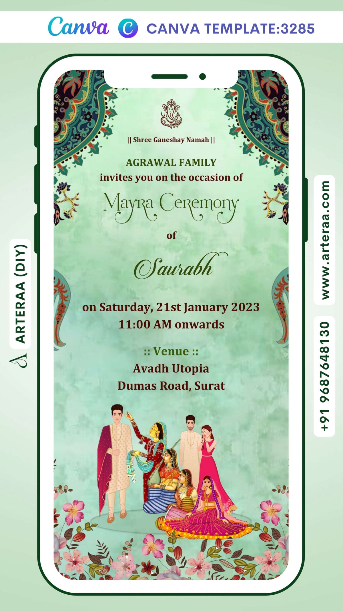 Mayra Ceremony invitation Canva Editable video Template in english language with mayra doodle as vintage theme design 3285
