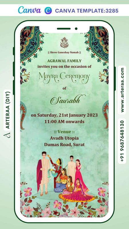 Mayra Ceremony invitation Canva Editable video Template in english language with mayra doodle as vintage theme design 3285